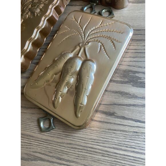 Vintage Copper Tin Lined Mold Celery And Carrots 10" x 7" Brass Handles Set 3 - Picture 2 of 7